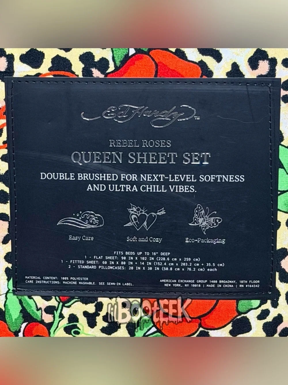 Ed Hardy 4-Piece Queen Sheet Set Leopard Print w Roses NEW VIRAL Y2K